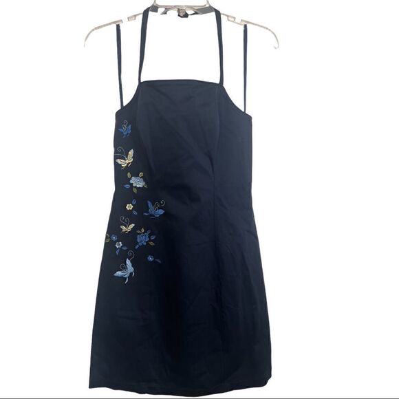 Express World Brand Navy Vintage 90s Y2K Floral Embroidered Halter Mini Dress - Picture 1 of 8
